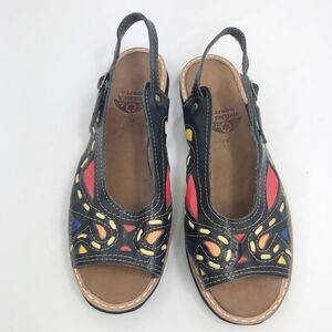 Maria Bonita Black Leather Colorful Stitch Inlay Slingback Open Toe Flat Sandals